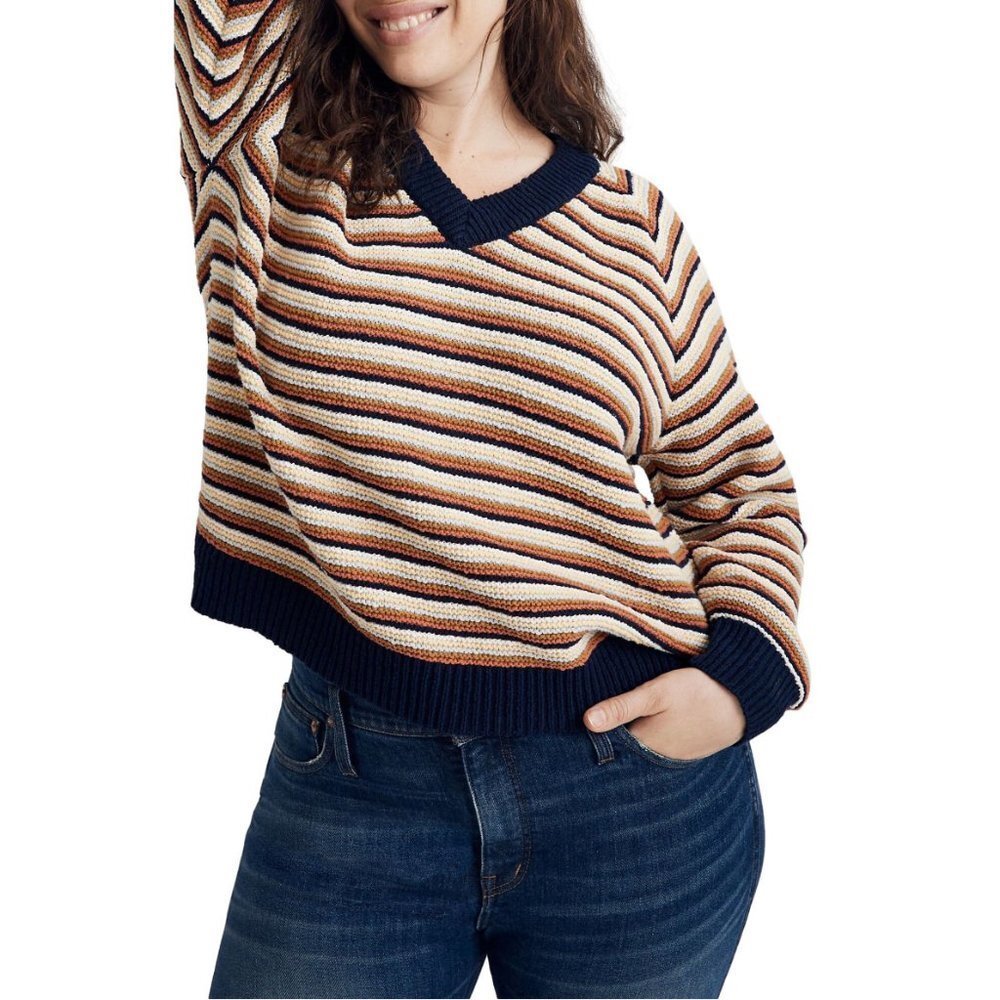 Nwt Madewell Arden V-Neck Crop Pullover Sweater in Stripes Large
